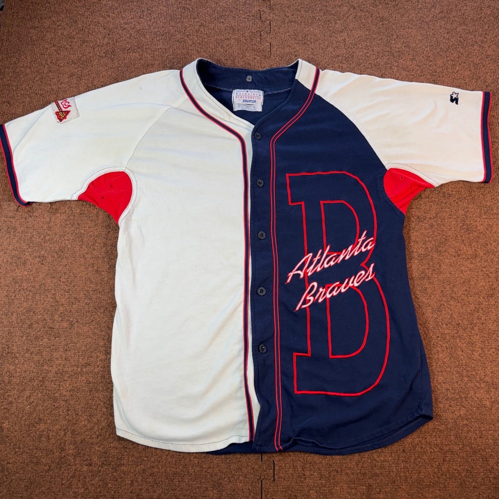 Vintage Atlanta Braves Starter Jersey Navy White Colorblock Mens Large MLB 2338